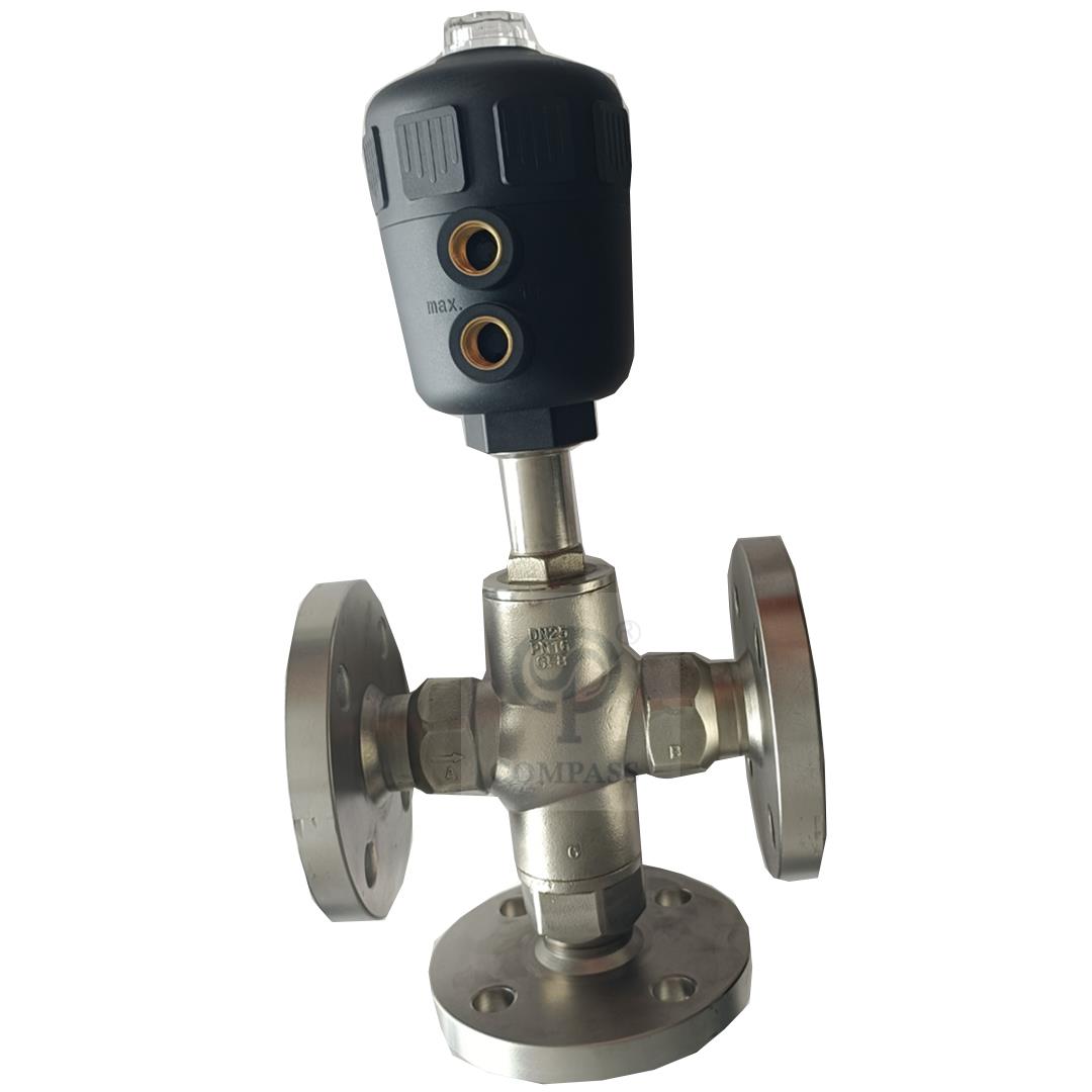 Cabeça de plástico de aço inoxidável três vias extremidades de flange Válvula de pistão de assento de ângulo pneumático 
