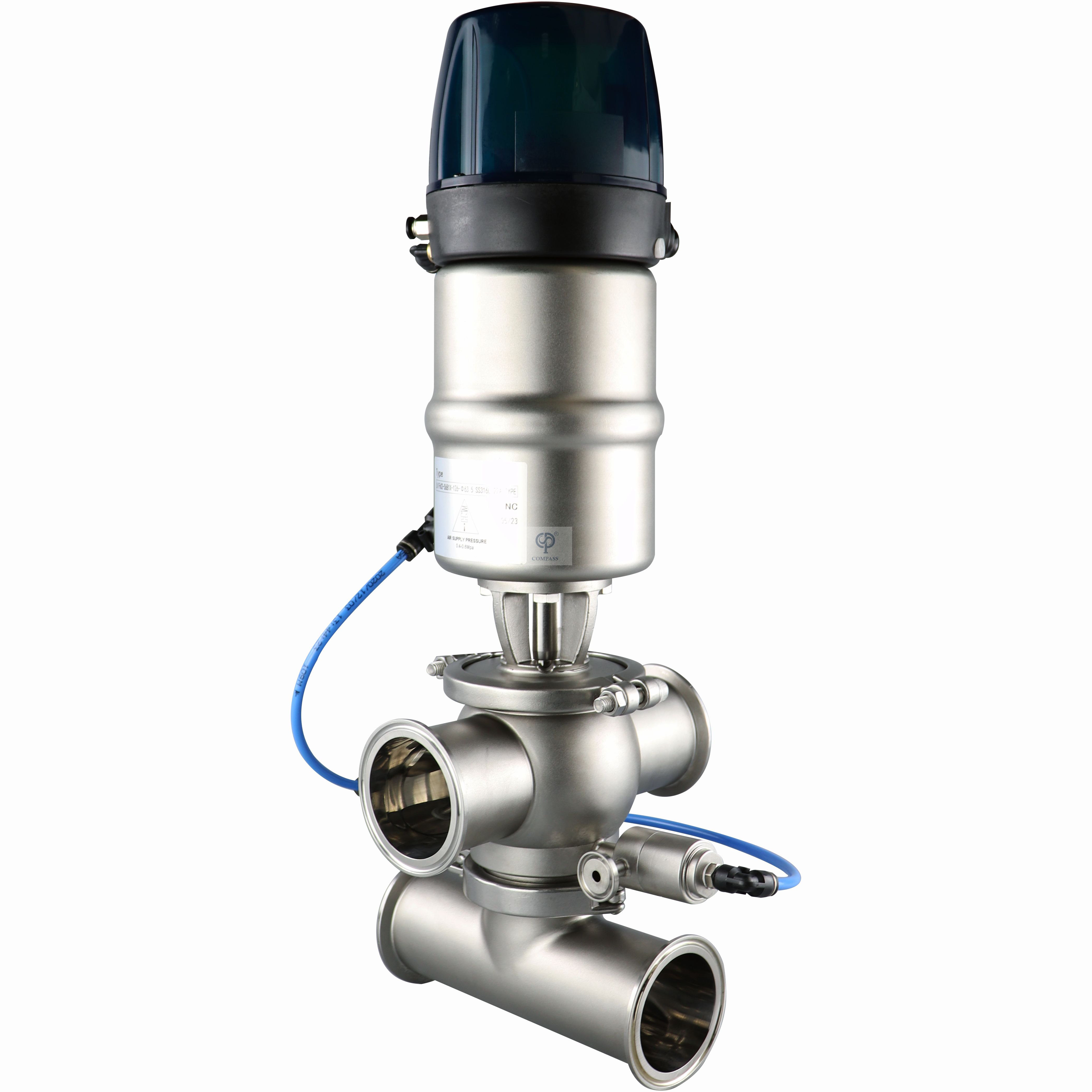 HF02 Modelo Duas Maneiras L Porta Anti Saniatria Assento Único Selo Duplo Válvula à prova de mistura à prova de mistura com limpeza externa pneumática 