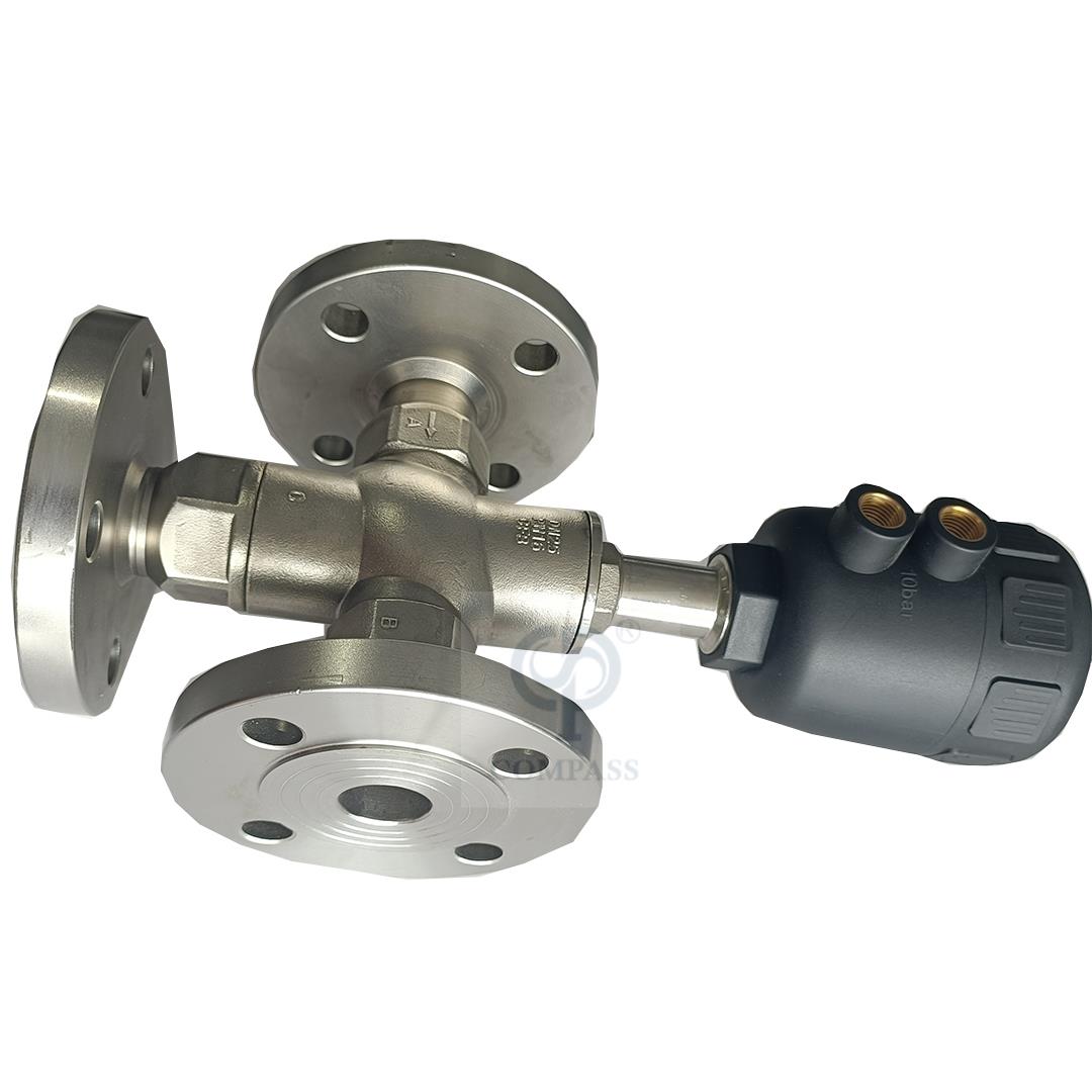 Cabeça de plástico de aço inoxidável três vias extremidades de flange Válvula de pistão de assento de ângulo pneumático 