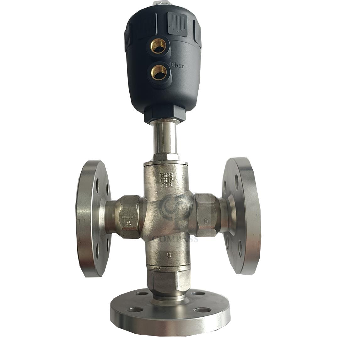 Cabeça de plástico de aço inoxidável três vias extremidades de flange Válvula de pistão de assento de ângulo pneumático 