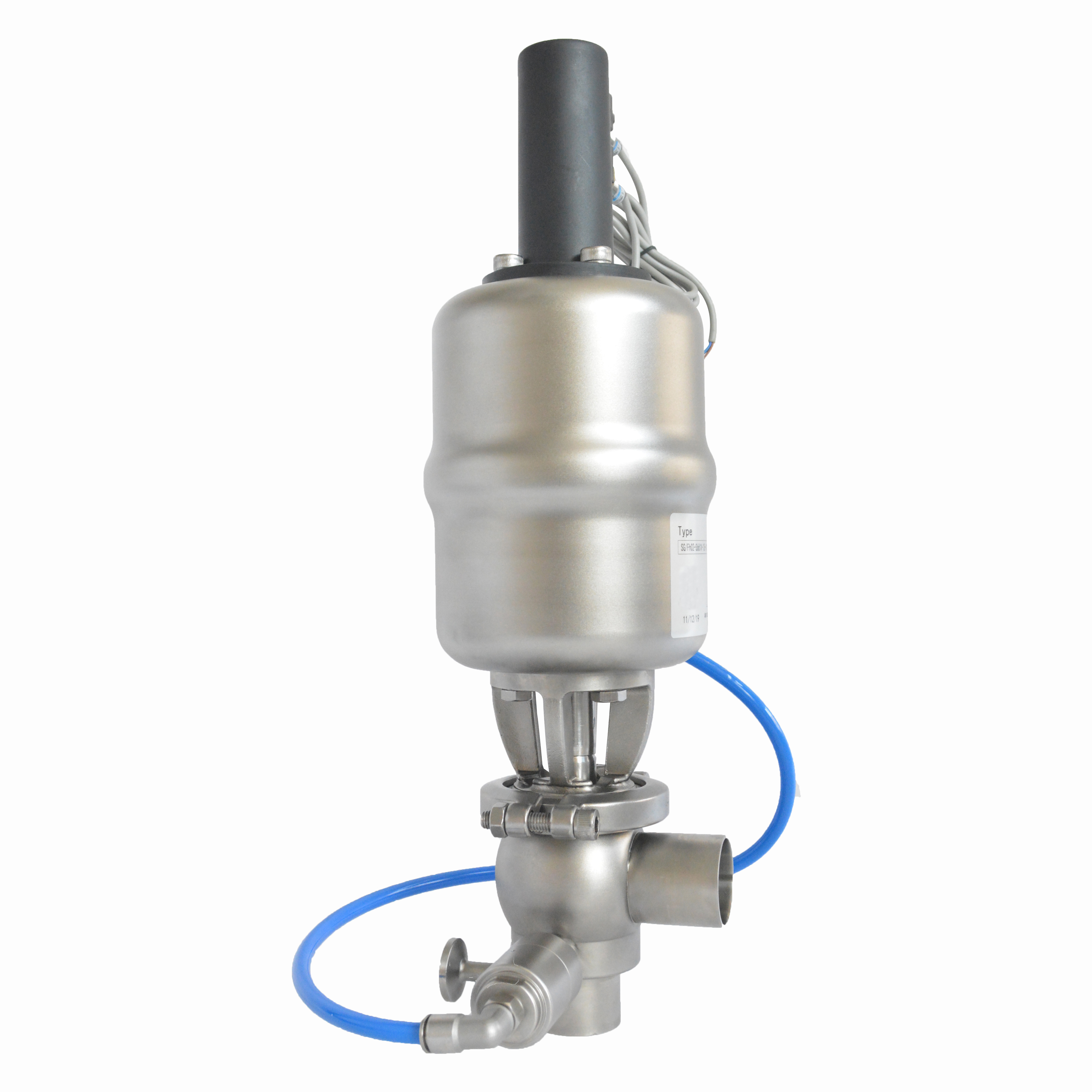 HF02 Modelo Duas Maneiras L Porta Anti Saniatria Assento Único Selo Duplo Válvula à prova de mistura à prova de mistura com limpeza externa pneumática 