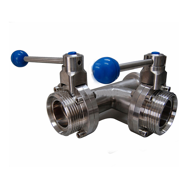 Válvulas borboleta sanitárias manuais de três vias de aço inoxidável AISI304